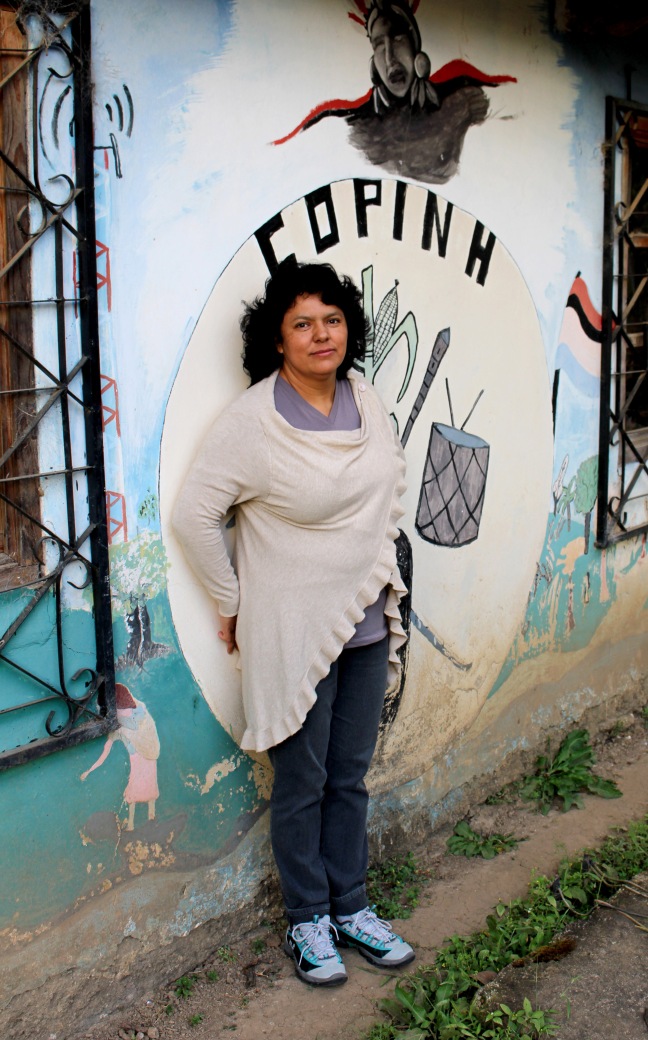 Berta Caceres stands at the COPINH (the Council of Popular and Indigenous Organizations of Honduras) offices in La Esperanza, Intibucá, Honduras where she, COPINH have organized a two year campaign to halt construction on the Agua Zarca Hydroelectric project, that poses grave threats to Rio Blanco regional environment, river and indigenous Lenca people.