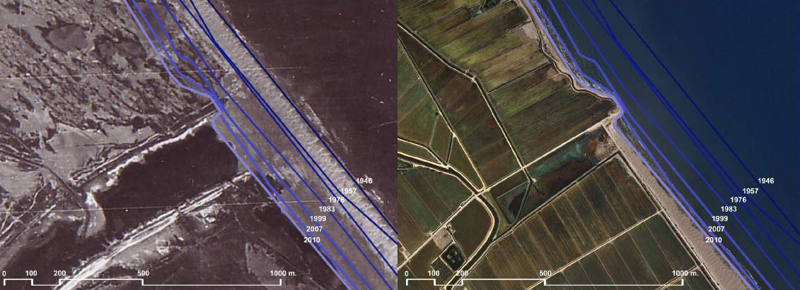 El Delta del Ebro en 1946 (foto izquierda) y el Delta del Ebro en 2010 (foto derecha). Las líneas azules señalan la evolución de la regresión de costa a lo largo de los años. Fuente: Institut Cartogràfic de Catalunya. 